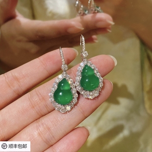 国风新版 新中式 绿件玉髓满镶绿葫芦耳环耳钩女925纯银镶嵌高碳钻