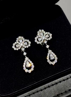 Loop花园中长款花形水滴满钻耳拍耳环女925纯银重工高级感三叶花