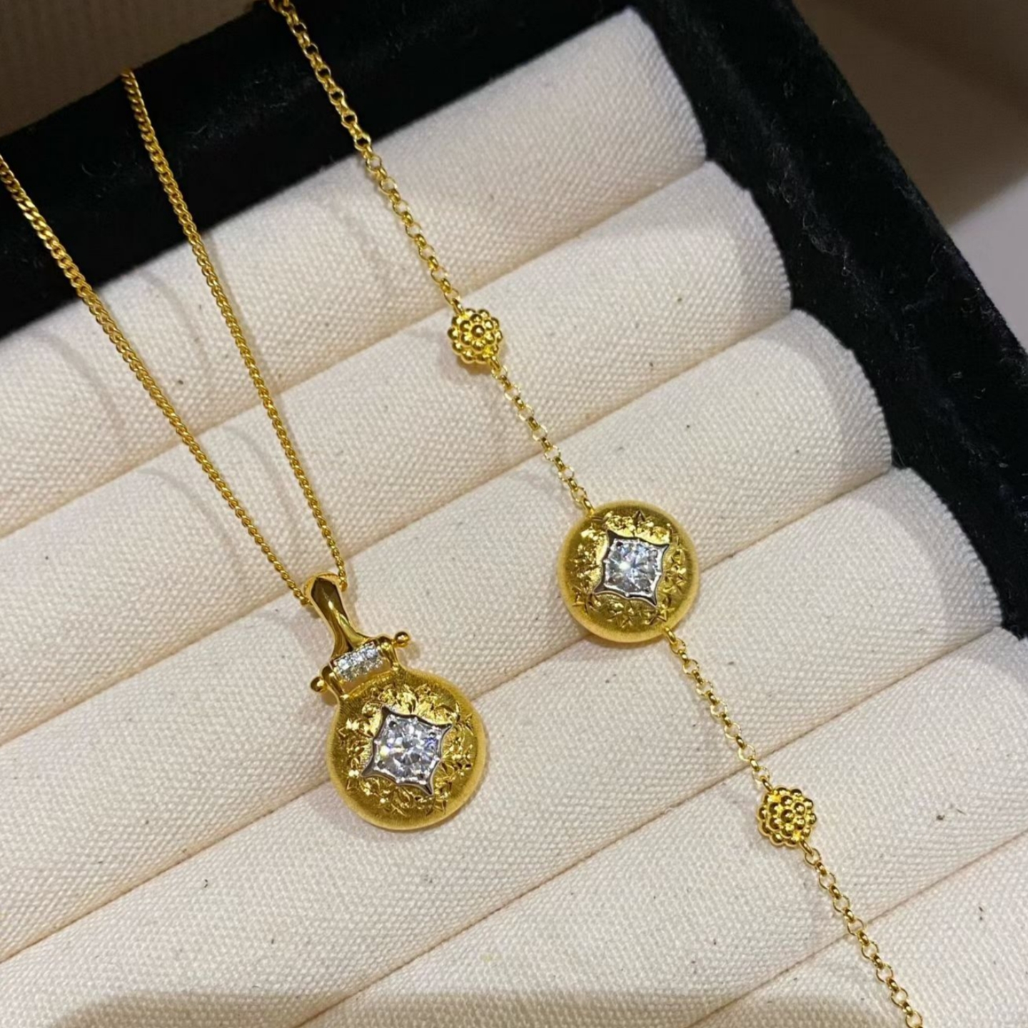 錾刻拉丝星芒镶钻手链项链女925