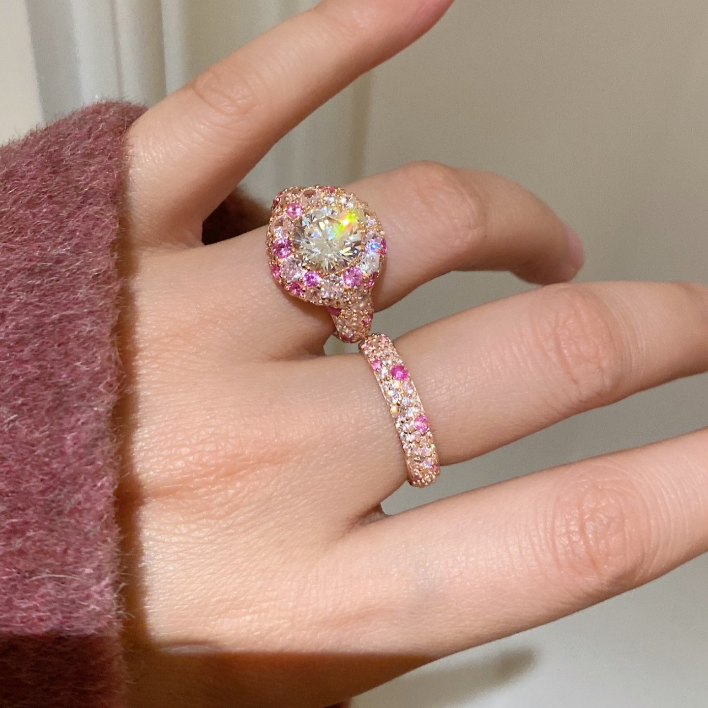粉色满天星|不规则渐变粉排钻戒指女925银玫瑰金轻奢高级感纯欲风