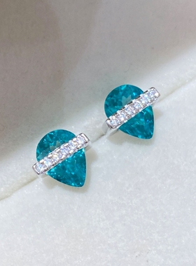 蓝色小水滴1.25克拉环绕水滴帕拉伊巴色单钻耳钉耳环女925银精致