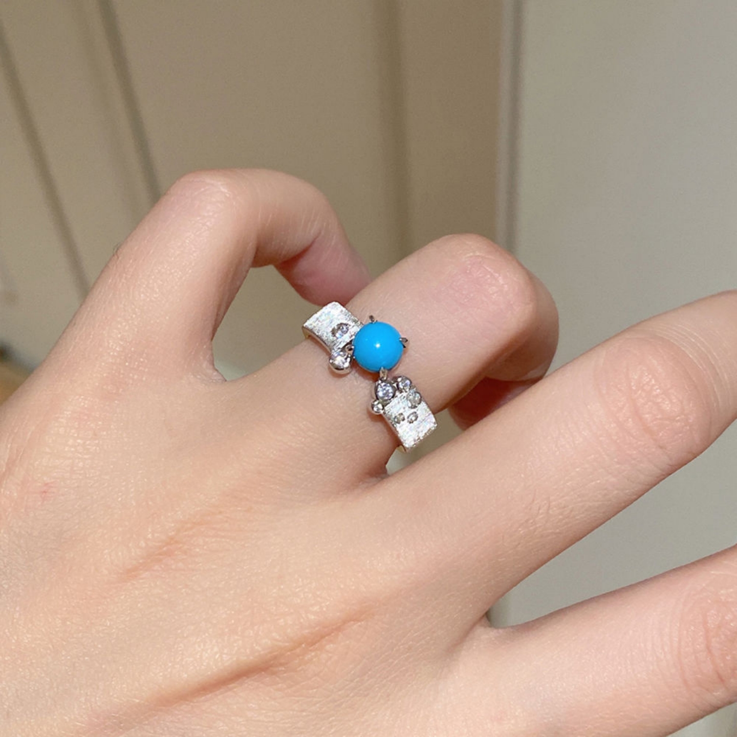 繁星手工拉丝四爪绿松石戒指女