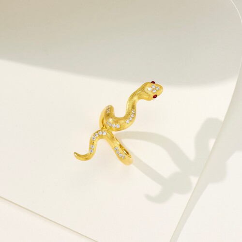 金色手工拉丝灵蛇戒指女925银