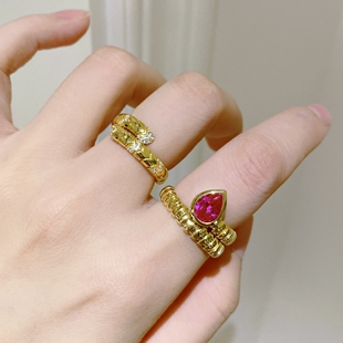中古系列~绝地武士粉尖晶水滴包镶红头弹簧蛇戒指女调节925银镀金