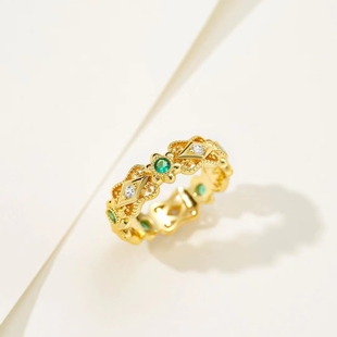 中古vintage宫廷蕾丝绿钻珠边戒指女925银镀金复古时尚金色排戒