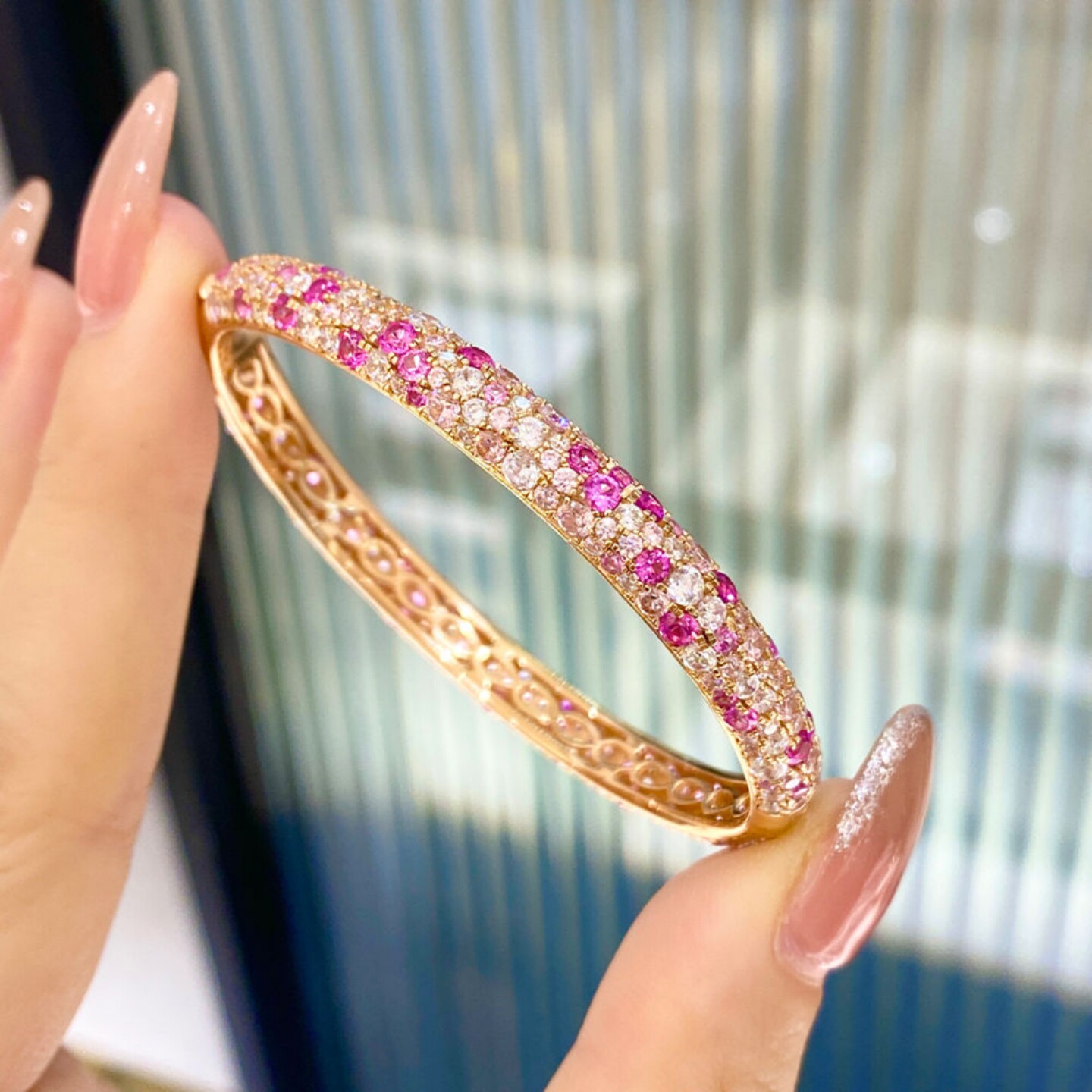 玫瑰金渐变粉钻满天星手镯女925银镀金轻奢满钻超闪甜美糖果银镯