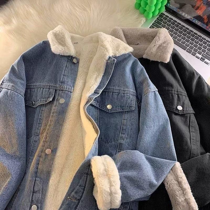 大码秋冬纯色牛仔棉衣男士潮流宽松仿羊羔毛长绒加绒加厚夹克外套,男装,牛仔外套,淘宝优惠券,粉丝福利购,淘宝优惠卷