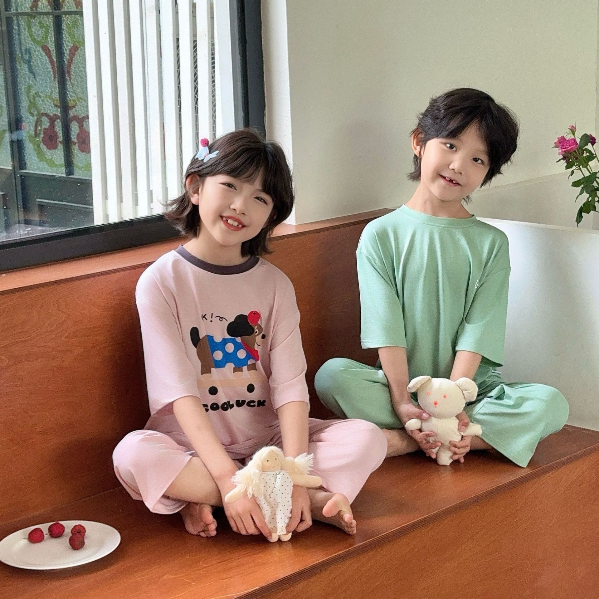 日本品质儿童睡衣男童夏季薄款男女童九分裤冰丝亲子空调家居服中