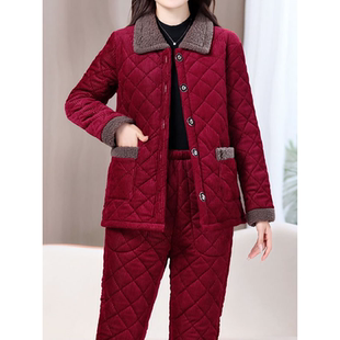 新款 保暖灯芯绒棉衣棉裤 加绒加厚套装 时尚 两件套 女中年妈妈装 冬季