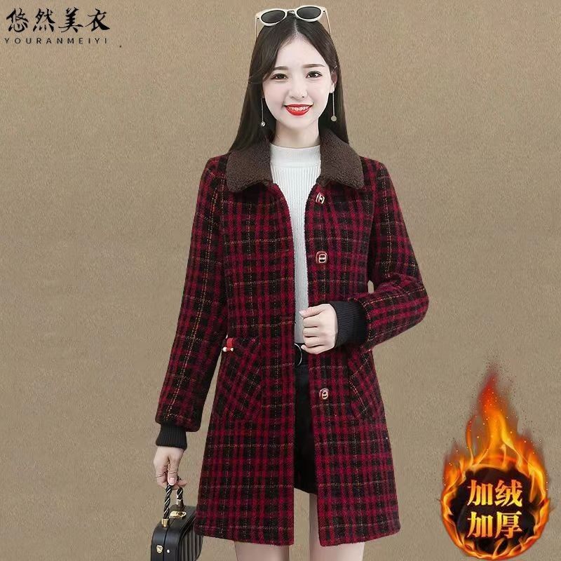 高档水貂绒女外套中长款冬季妈妈装洋气时尚格子外套加绒加厚大衣