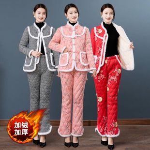 居家服民族风加绒加厚套装 棉袄中年妈妈装 两件套外穿冬季 棉衣棉裤