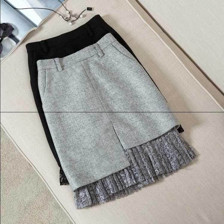 毛呢半身裙中长款秋冬高腰蕾丝拼接开叉一步裙铅笔裙呢子包臀裙在类目 女装/女士精品, 半身裙中 - 来自Buy2taobao.com提供专业的淘宝代购服务