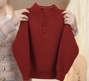 女童毛衣儿童中高领洋气加厚秋冬新款红色包扣针织衫打底保暖上衣