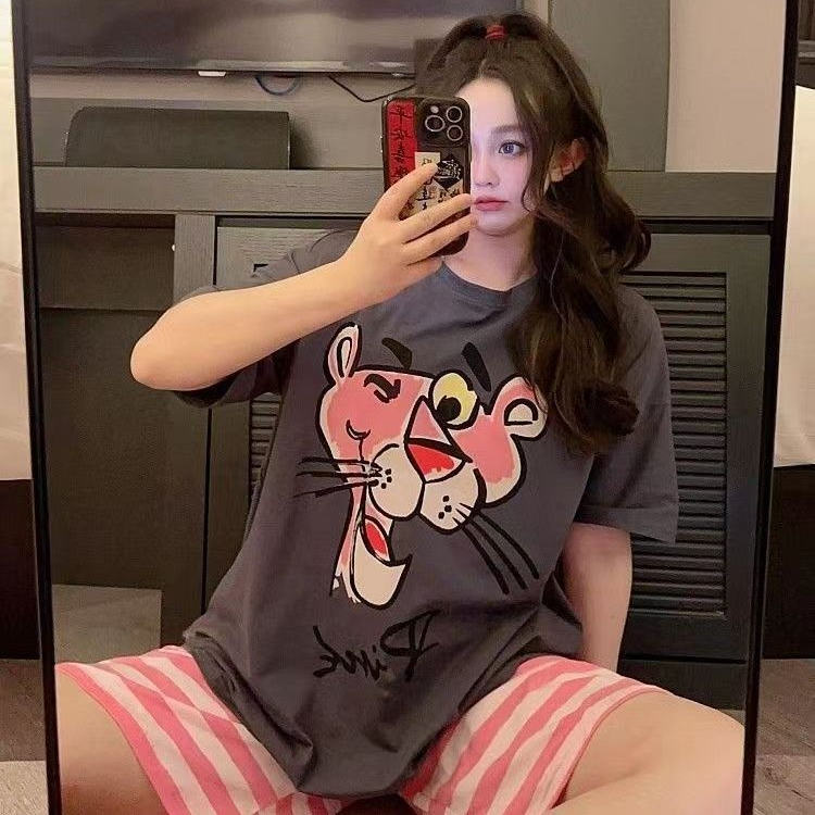 睡衣女夏季薄款短袖短裤卡通粉红豹少女甜美可爱搞怪家居可外穿