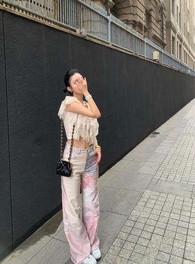 Mas Mash西野暮色 立体印花休闲牛仔长裤直筒显瘦阔腿裤