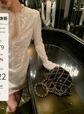 Mas Mash 白月光人鱼亮片连衣裙女秋冬新款气质镂空长袖约会裙子