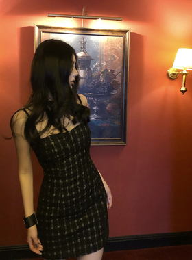Mas Mash 黑桃皇后 编织金丝粗花呢吊带裙女冬显瘦格纹打底连衣裙