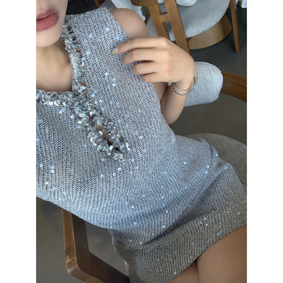 Mas Mash月落星河 圆领亮片粗花呢小香风镂空无袖连衣裙