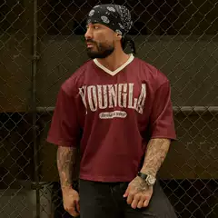 American Trendy Brand Youngla Oversized Sports T-Shirt for Men, Fitness Training, Quick-Drying, Breathable Mesh Printed Short-Sleeved Top