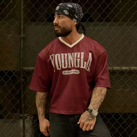 American Trendy Brand Youngla Oversized Sports T-Shirt for Men, Fitness Training, Quick-Drying, Breathable Mesh Printed Short-Sleeved Top