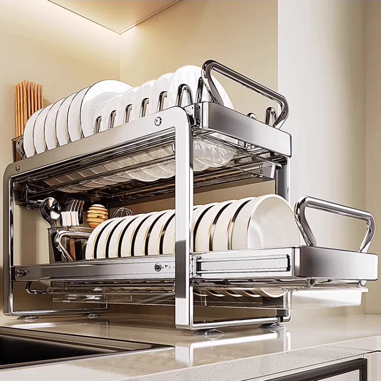 加厚碗碟收纳架不锈钢碗架厨房置物架橱柜内抽屉式拉篮碗盘沥水架