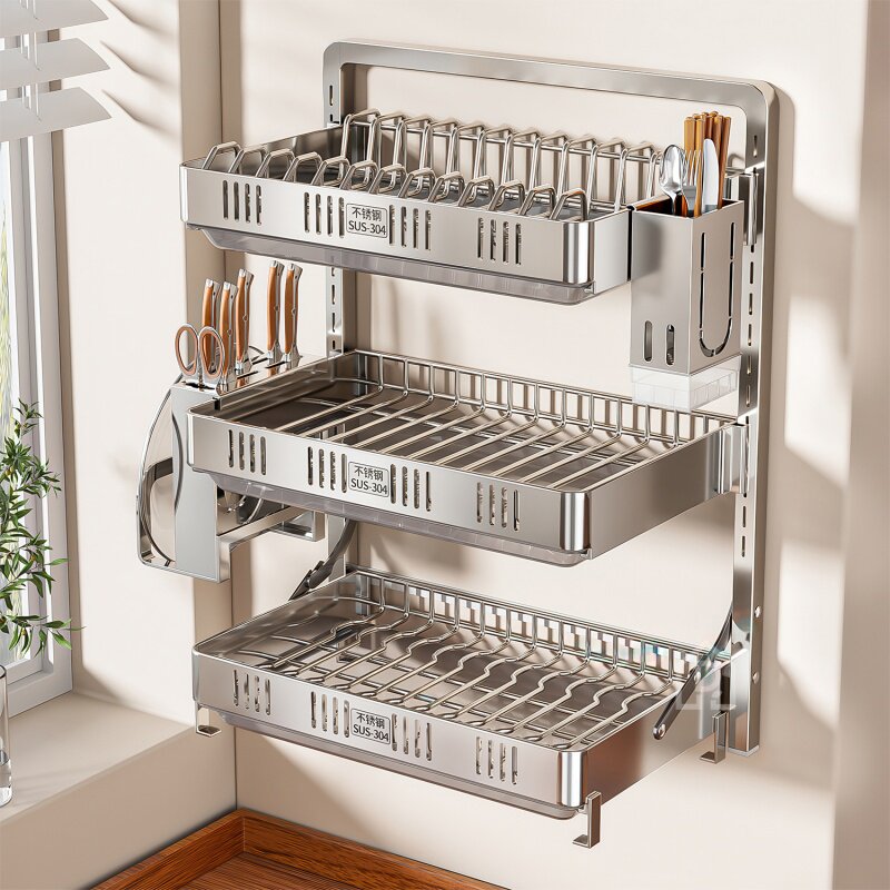304不锈钢壁挂式碗碟沥水架厨房置物架免打孔碗筷碗盘碗架收纳架