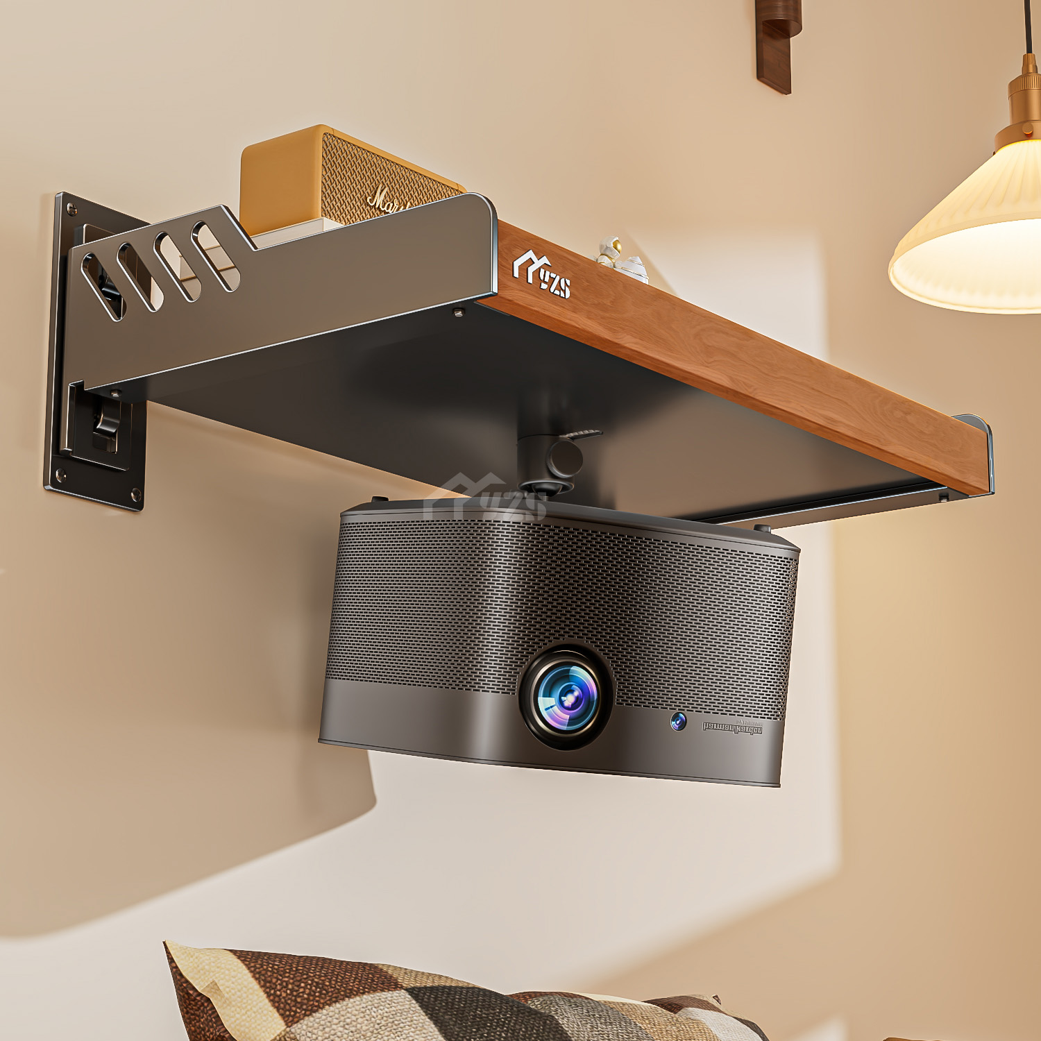 原木风投影仪壁挂支架靠墙上床头家用卧室沙发后万向极米放置云台