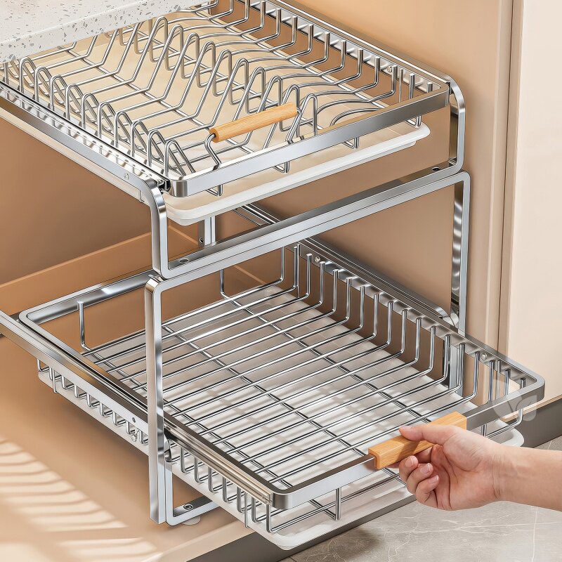 不锈钢碗碟收纳架厨房橱柜内置物架抽屉式拉篮抽拉碗柜盘沥水碗架