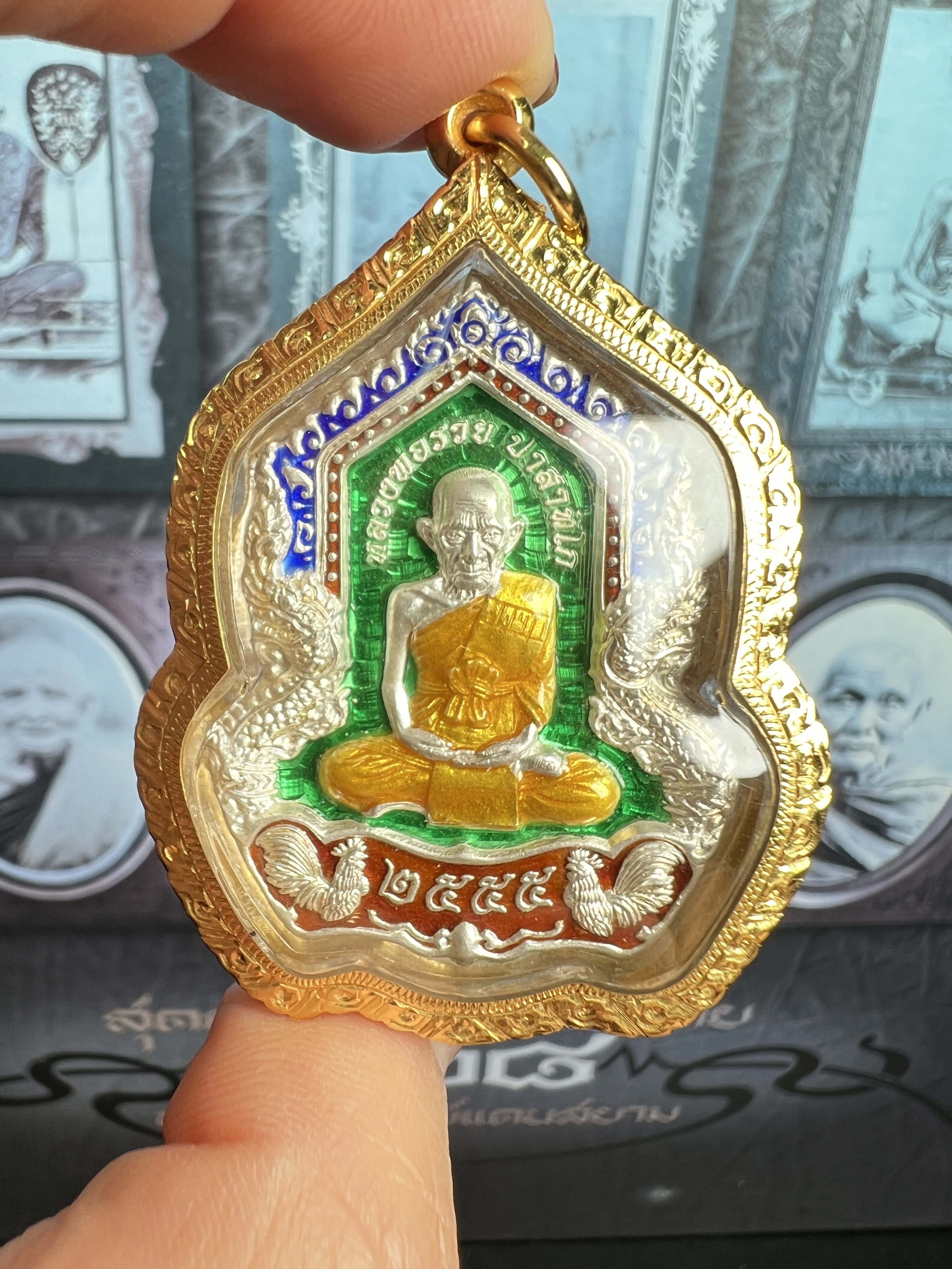 龙婆瑞2555纯银绿珐琅双龙自身 金壳萨玛空卡 泰国佛牌自身吊坠