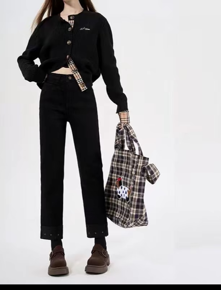 黑色直筒牛仔裤女秋冬新款高腰修身弹力法棍裤小个子翻边烟管裤子