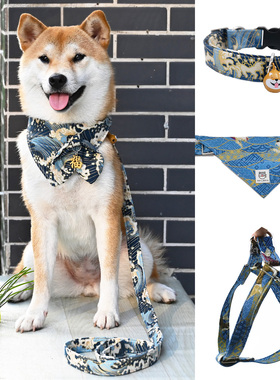 芮柴 和风蓝色系男款海浪水波纹宠物狗狗柴犬项圈脖套胸背牵引绳