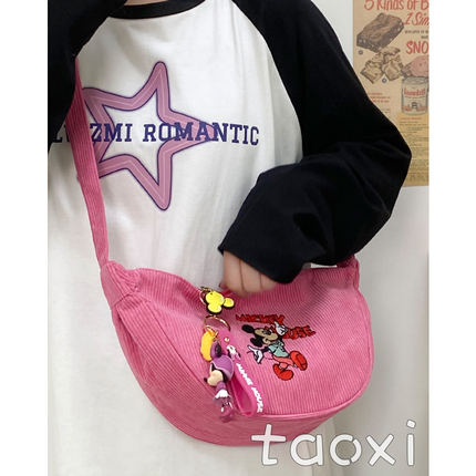 Corduroy Bag for Women, Casual and Fashionable Student Dumpling Bag, Cute Cartoon Shoulder Bag, Versatile Crossbody Bag
