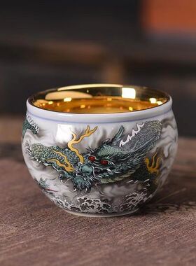 景德镇24k鎏金青龙茶杯主人杯高档个人专用单杯珐琅彩茶具主人杯