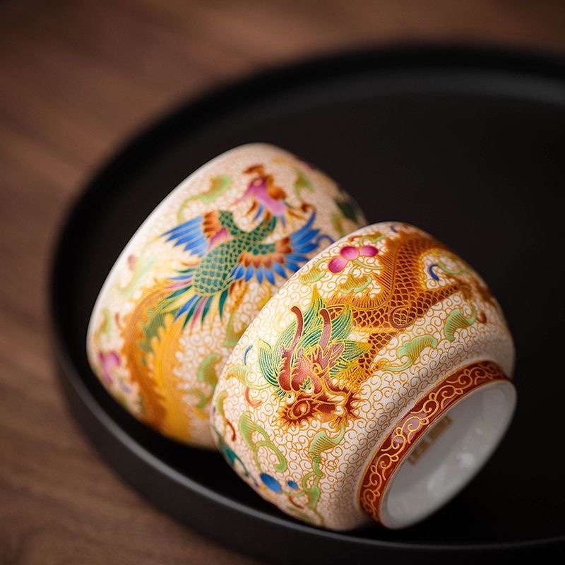 龙凤茶杯景德镇主人杯茶杯茶具品岩堂金线珐琅彩龙凤对杯手绘高档
