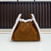 新款 羊羔毛绒抽绳水桶包腋下包磨砂牛皮女款 手提购物袋复古轻奢潮