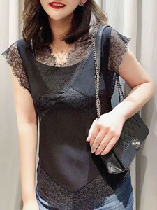 品哥弟新款2023春夏女装百搭V领蕾丝性感拼接内搭背心吊带上衣女