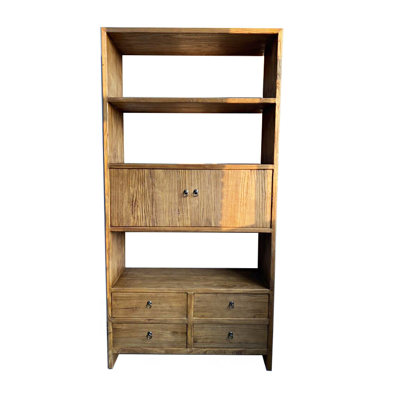 老榆木书架置物架实木简约书柜落地储物收纳柜客厅定制满墙展示柜