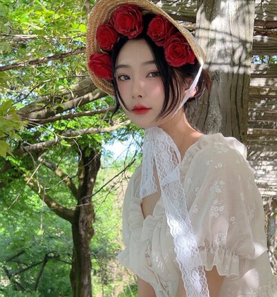 一片式手作草编DIY帽子多色蕾丝飘带洛丽塔田园清新森系拍照百搭
