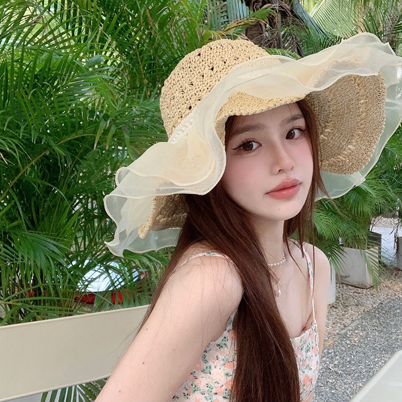 日系蕾丝大帽檐显脸小草帽女夏季帽子