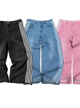 美式复古街头条纹牛仔裤男y2k原宿风休闲阔腿裤哥特式直筒拖地裤