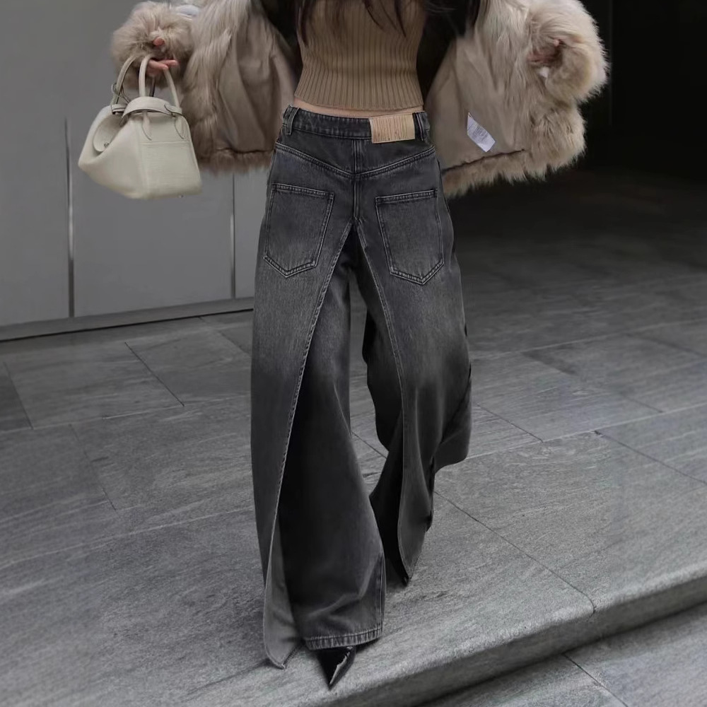 废土风正反两穿水洗阔腿牛仔裤