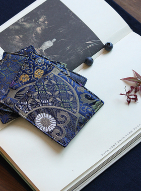 深蓝色织锦茶垫布艺杯垫复古素雅茶道零配干泡方形印花餐桌布艺垫