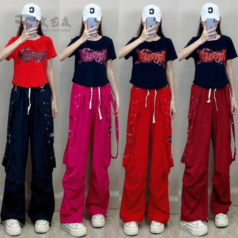 夏季新款飘带冰丝速干工装裤时尚潮流百搭运动跳舞裤子透气舞蹈裤