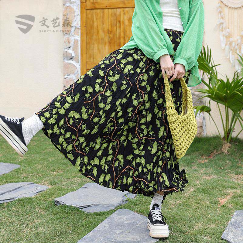 高腰显瘦印花褶皱A字大摆裙女
