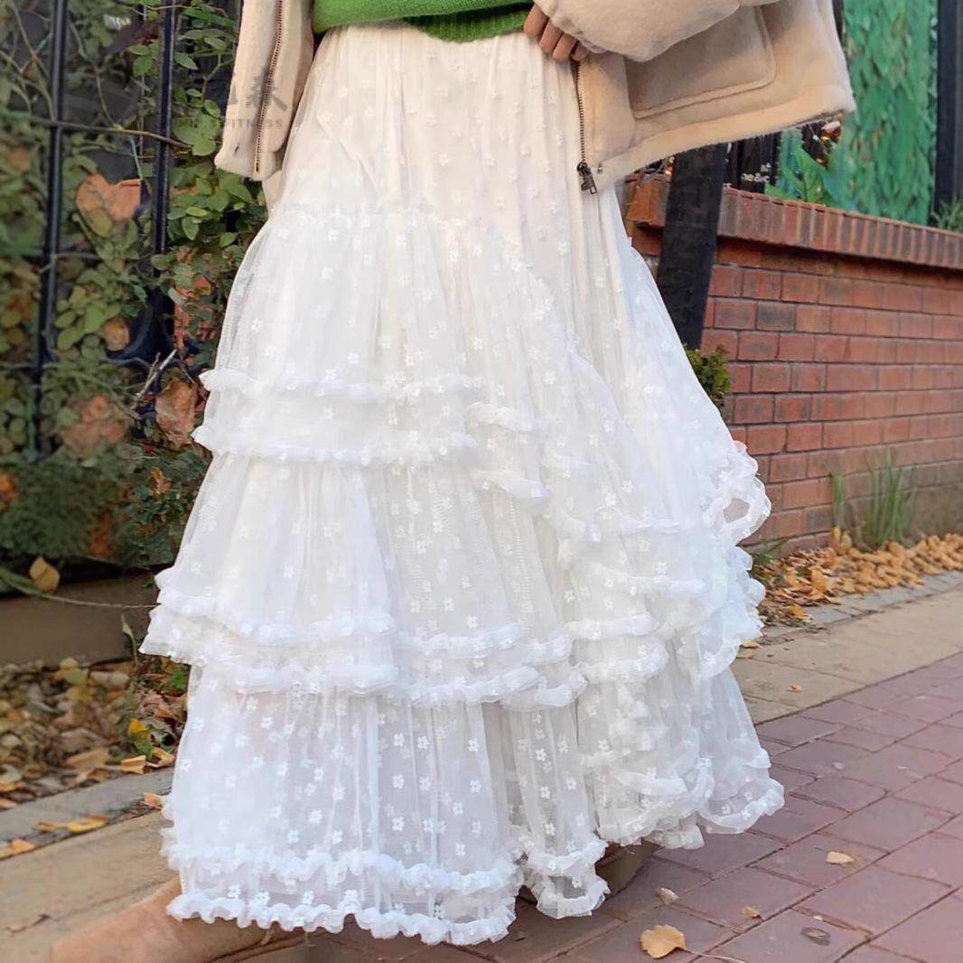 白色重工蕾丝拼接不规则网纱半身裙女秋冬感蛋糕裙大摆长裙子