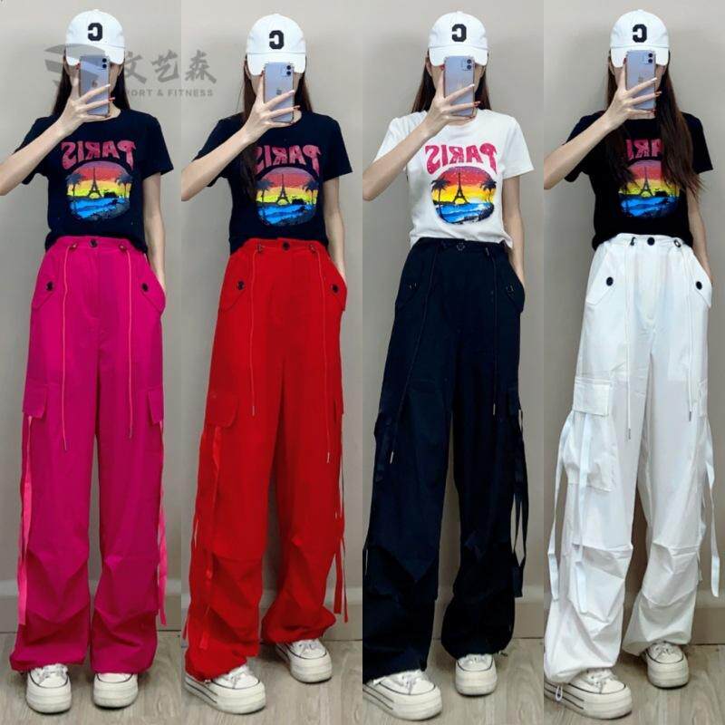 广场舞曳步舞跳舞裤子夏季冰丝速干舞蹈裤时尚百搭透气飘带工装裤