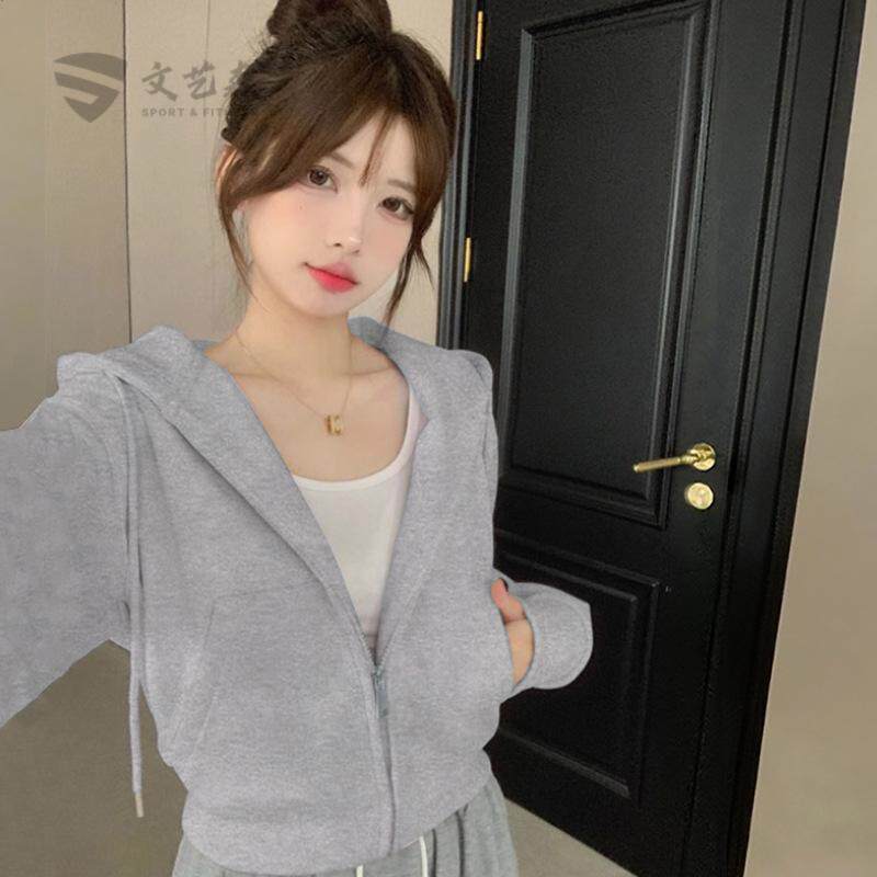 美式短款开衫卫衣外套女2024秋冬季新款爆款上衣小个子薄拉链连帽