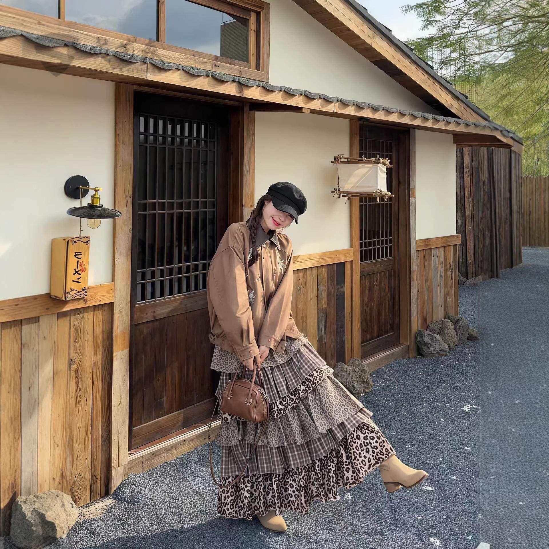 印花不规则豹纹半身裙女秋冬新款松紧腰减龄设计感小众长款蛋糕裙