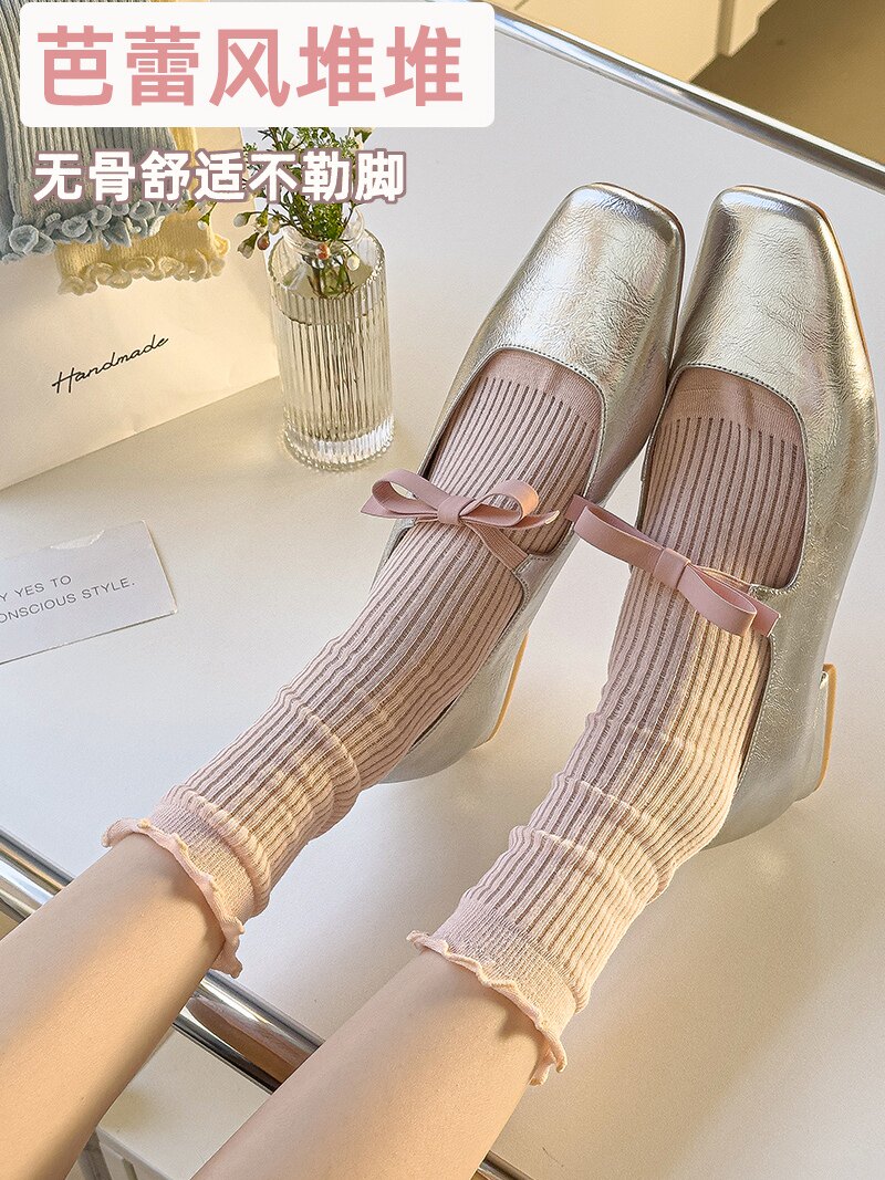 여성을위한 발레 스타일 양말 봄과 가을 얇은 긴 튜브 순수 코튼 작은 가죽 신발 레이스 중간 튜브 감금 여름 뼈 없음