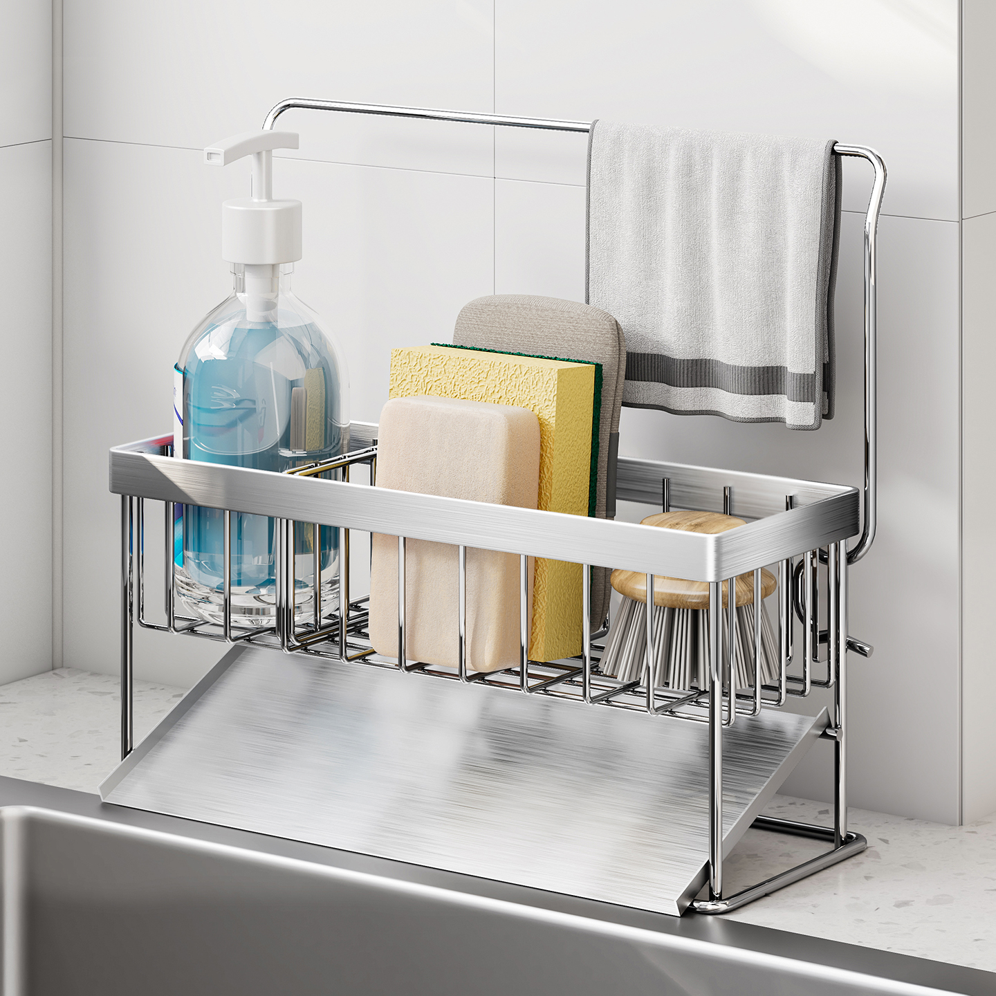 水槽置物架304不锈钢防锈防霉带可拆接水盘洗碗布海绵厨房沥水架